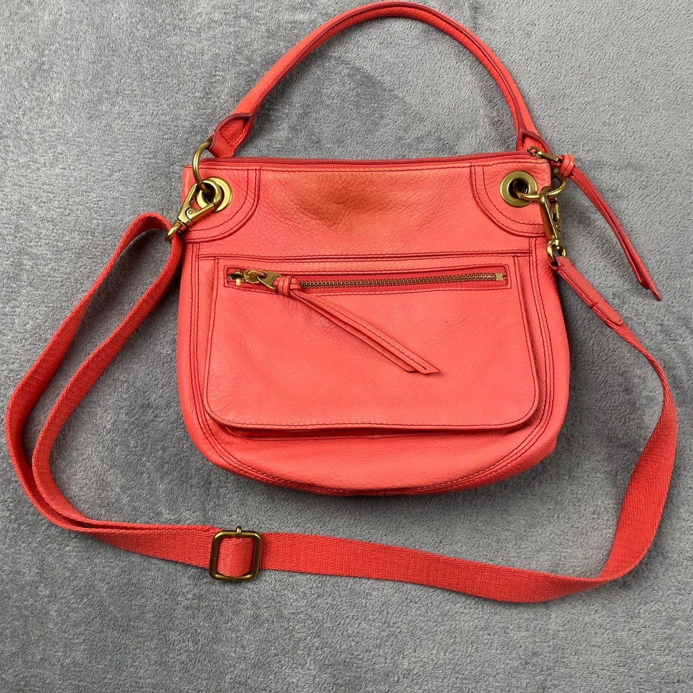Fossil Women Crossbody Bag Coral Leather Brass Hardware Adjustable Strap
